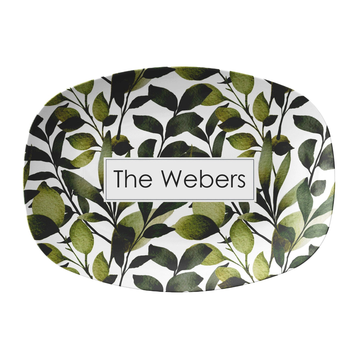 Modern watercolor green leaf pattern is printed on an oval platter with a white background. Personalized with any name or custom text.