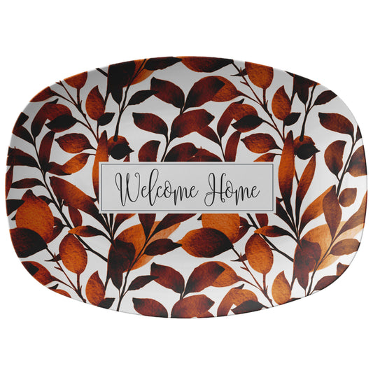 Customized serving platter has gorgeous rust orange leaves pattern.   Add any name or word.