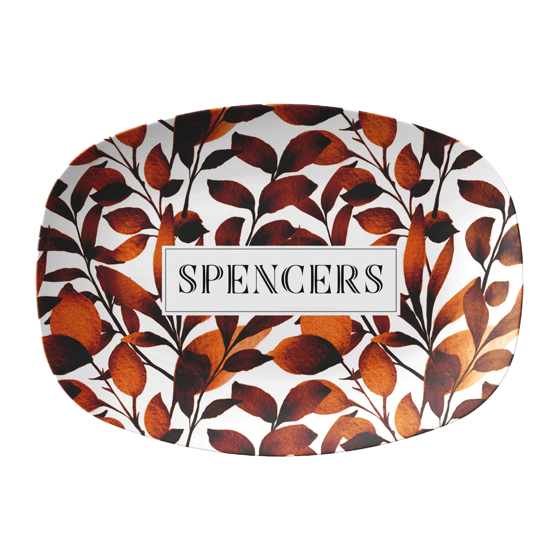 Rust orange color watercolor leaves are printed on an oval serving platter with a white background, personalized with any name or custom text.