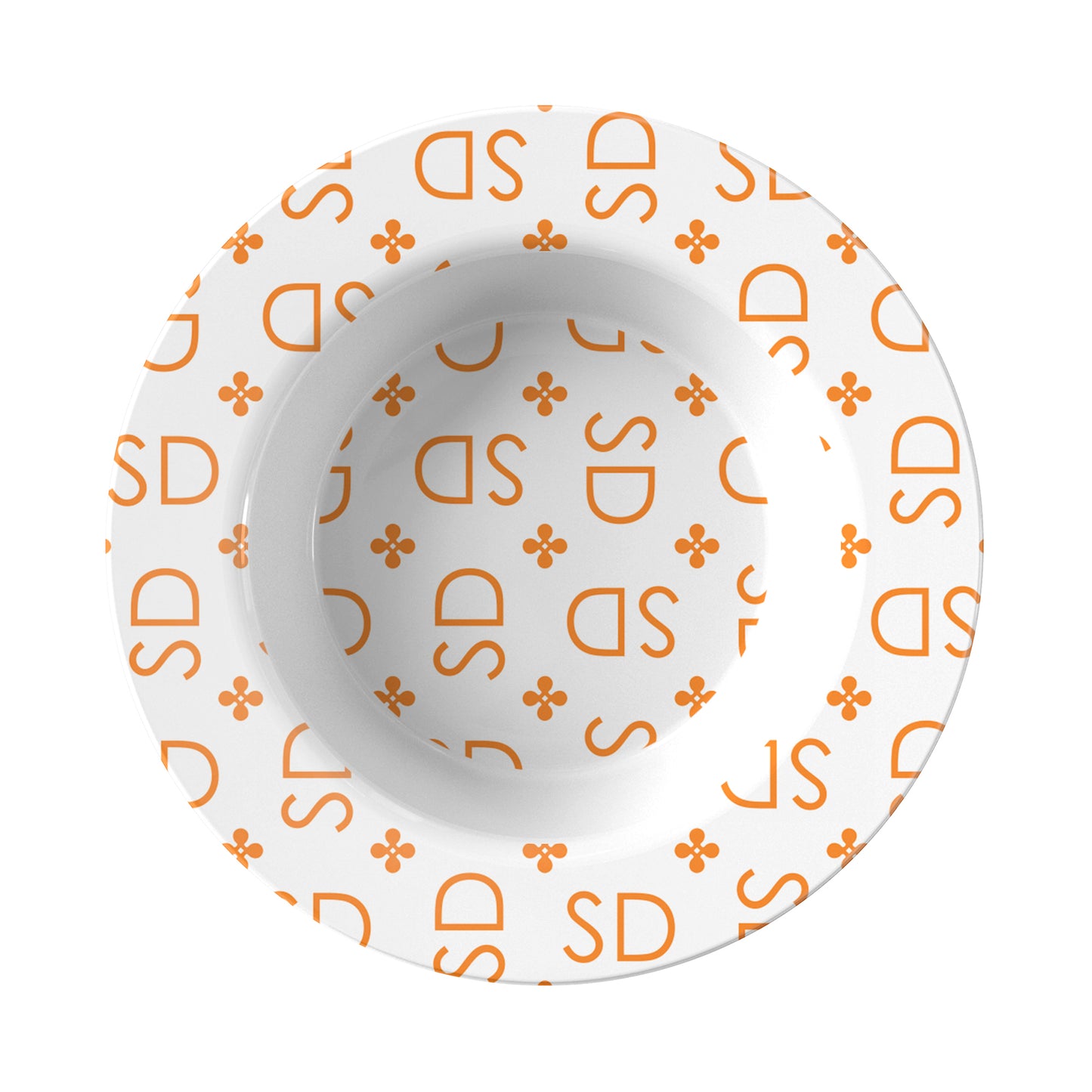 Personalized White and Orange Stylized Monogram Bowl Set features customized initials set in a repeating pattern accented with a stylish motif for an all-over, unique design.