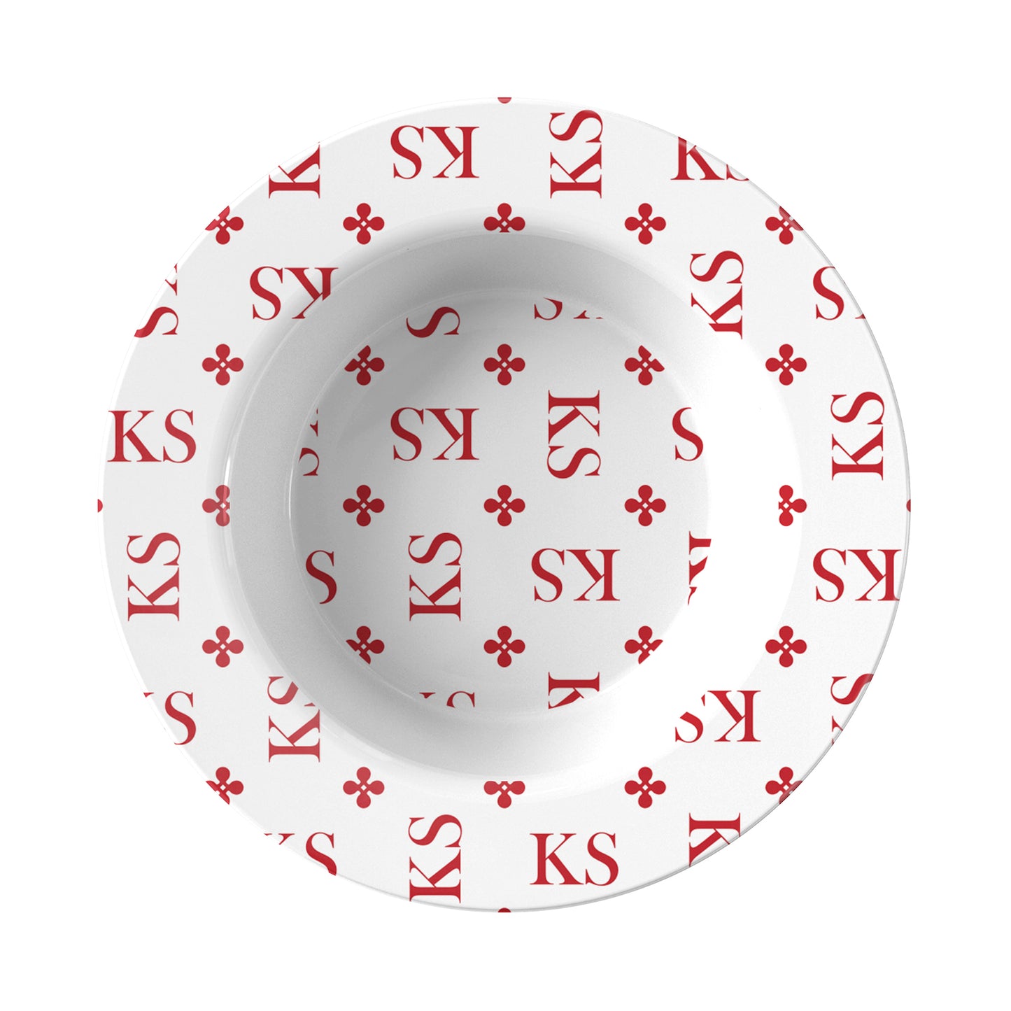 Personalized White and Red Stylized Monogram Bowl Set features customized initials set in a repeating pattern accented with a stylish motif for an all-over, unique design.