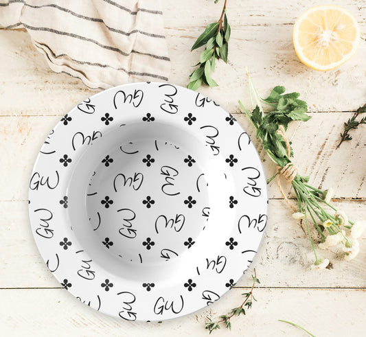 Personalized White Stylized Monogram Bowl Set features customized black initials set in a repeating pattern accented with a stylish motif for an all-over, unique design.