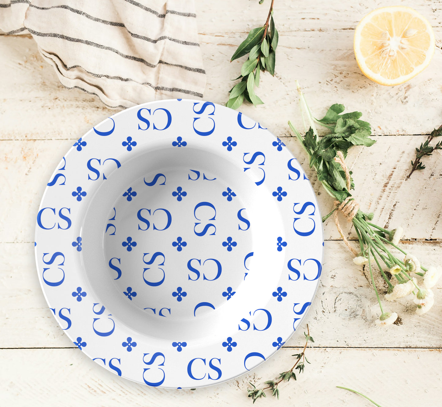 Personalized White and  Blue Monogrammed Bowl with all over repeating initials and stylish motif