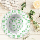 Personalized White and Green Monogrammed Bowl features customized initials set in a repeating pattern accented with a stylish motif for an all-over, unique design. 