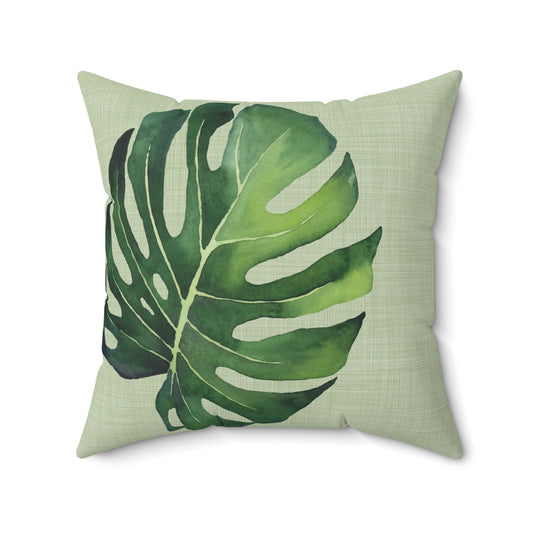 Monstera Leaf Green Linen Print Faux Suede Square Pillow, 20" x 20"