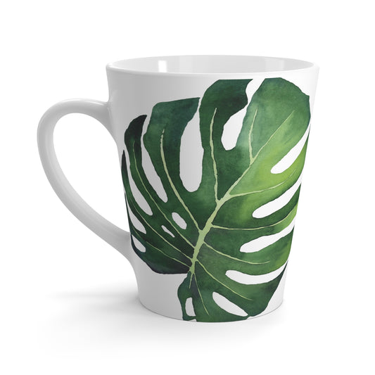 Watercolor modern monstera leaf on white ceramic latte coffee mug