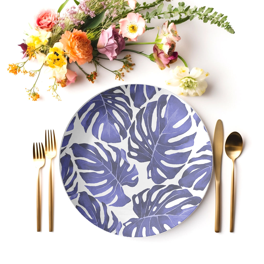 Monstera Leaves Plastic Plates, Blue & White, Set of Four