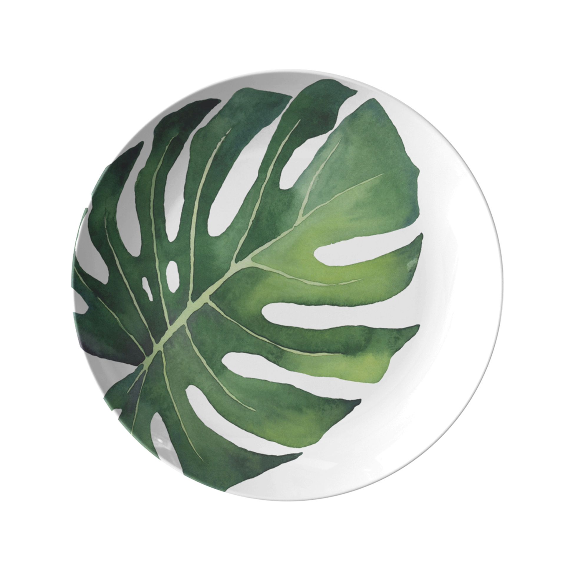 Melamine like plastic plate with modern monstera leaf print.