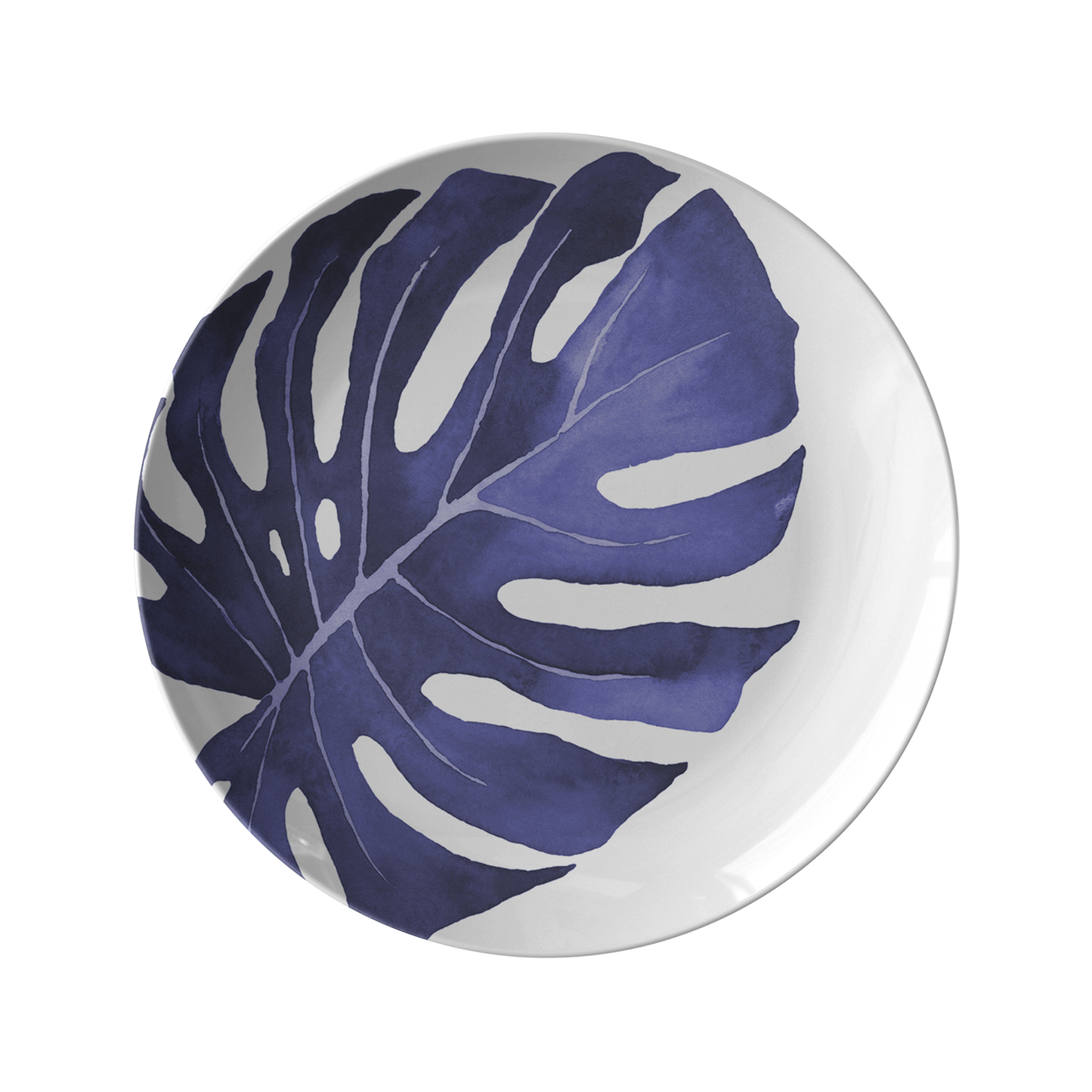 Monstera Palm Leaf Dinner Plate 10", Navy Blue & White