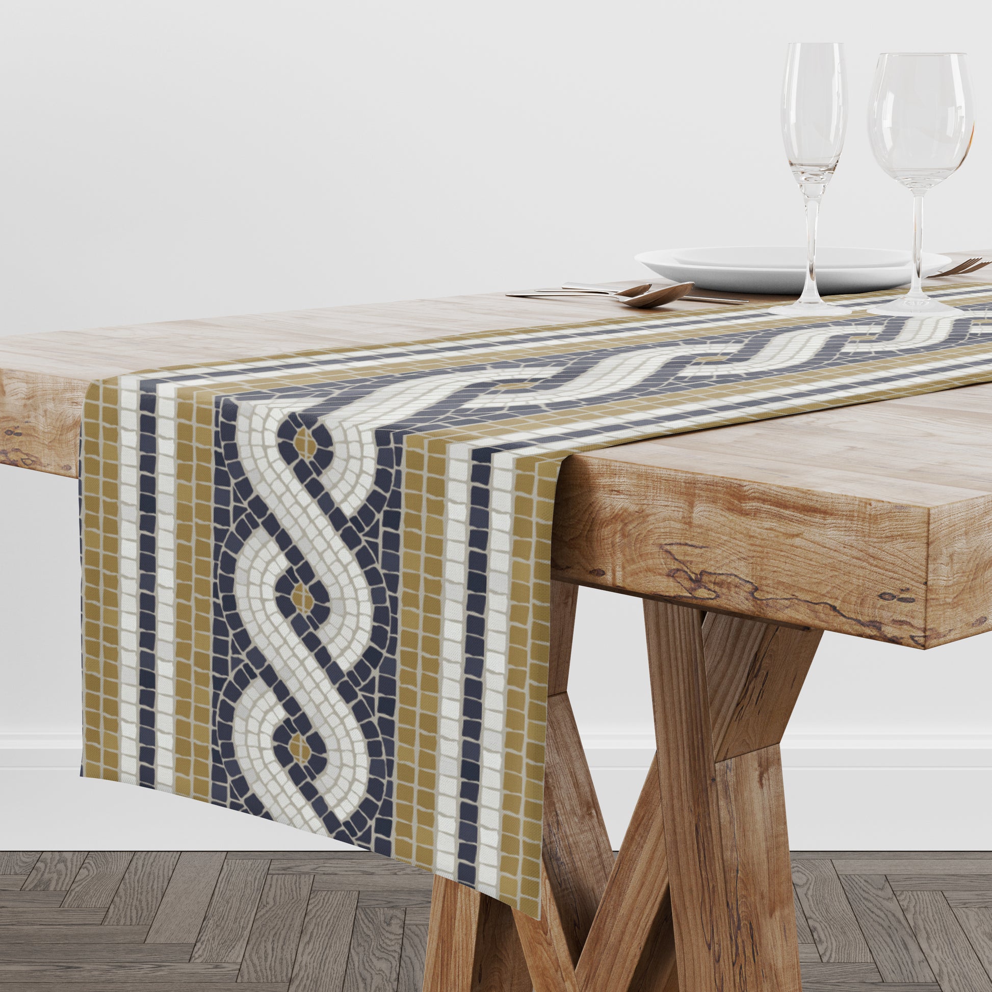 Table runner with geometric bistro tile stripe pattern on a wooden table