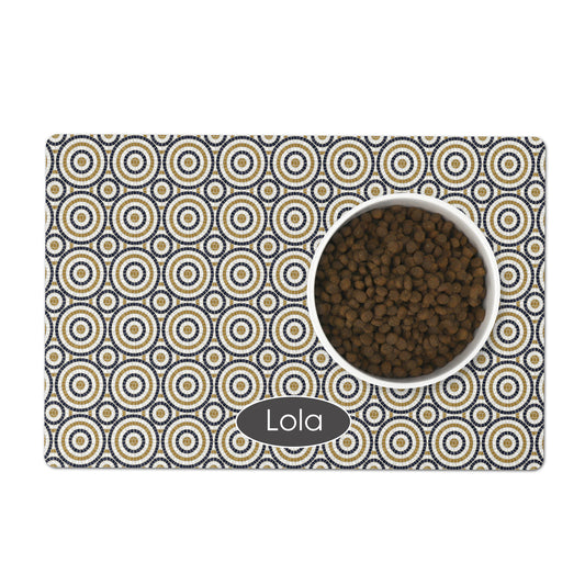 Bistro tiles pet bowl mat with a circular pattern.