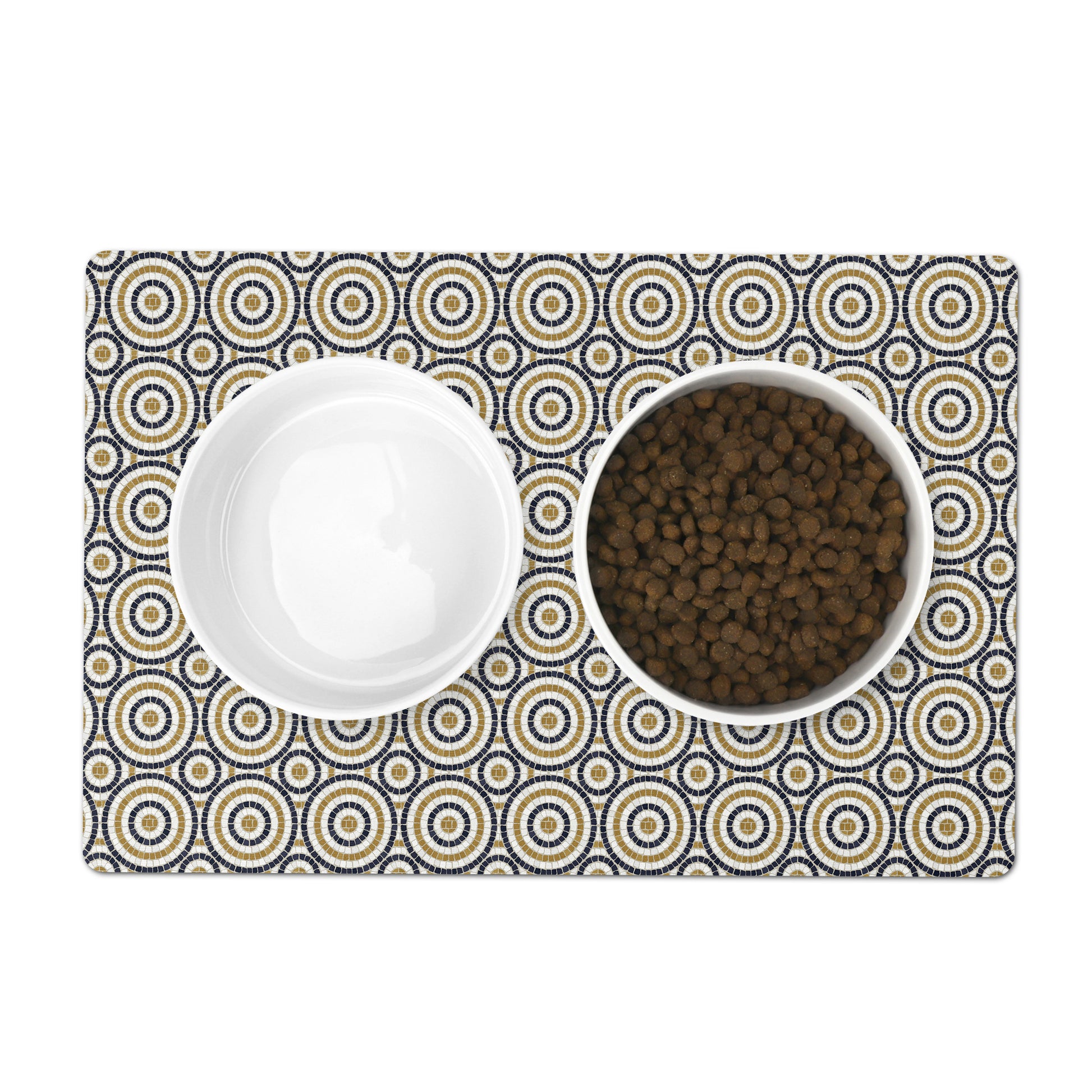 Bistro tiles printed pet placemat in black, gold and cream.