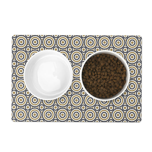Bistro tiles printed pet placemat in black, gold and cream.