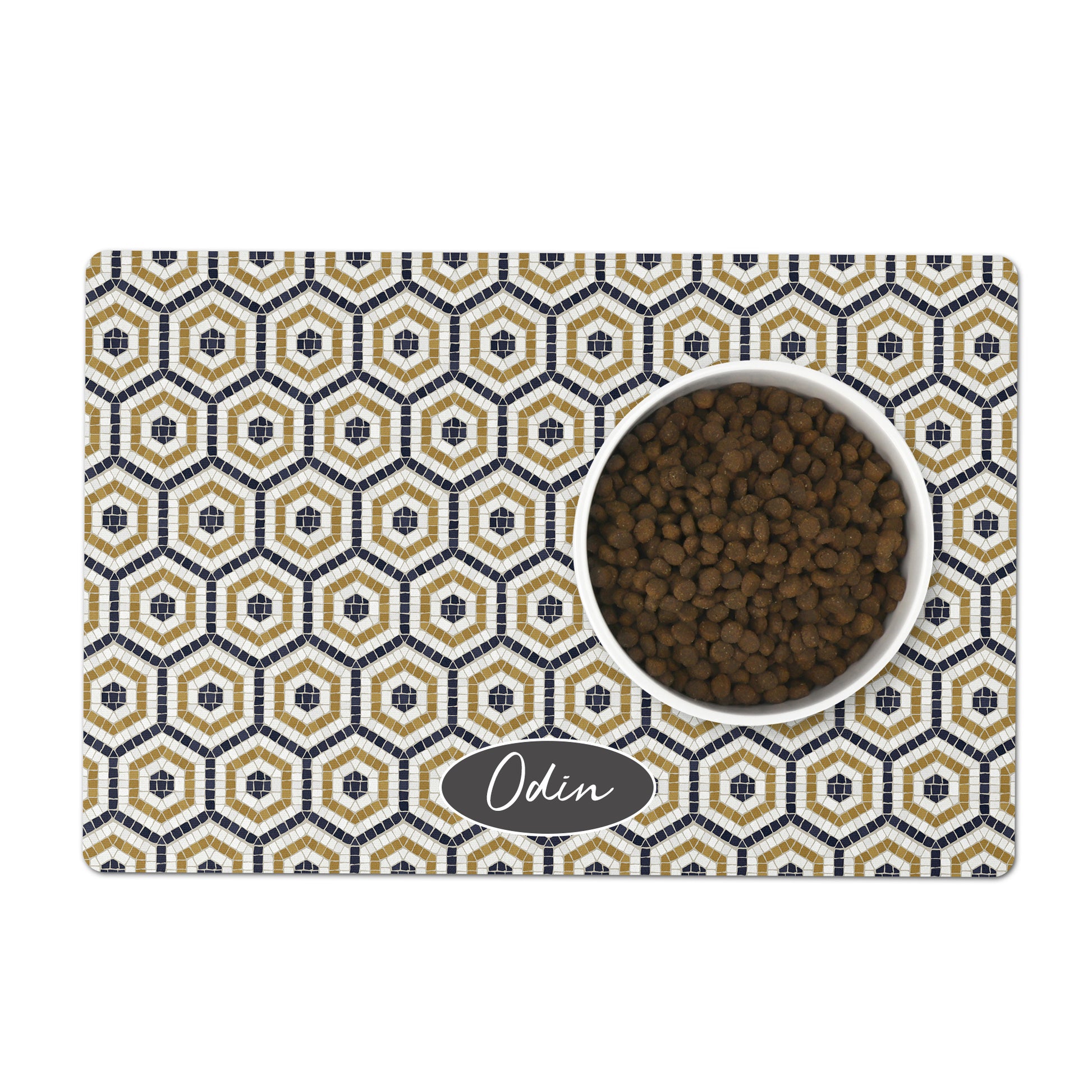 Bistro tile with a hexagon pattern pet placemat is personalized with any text.