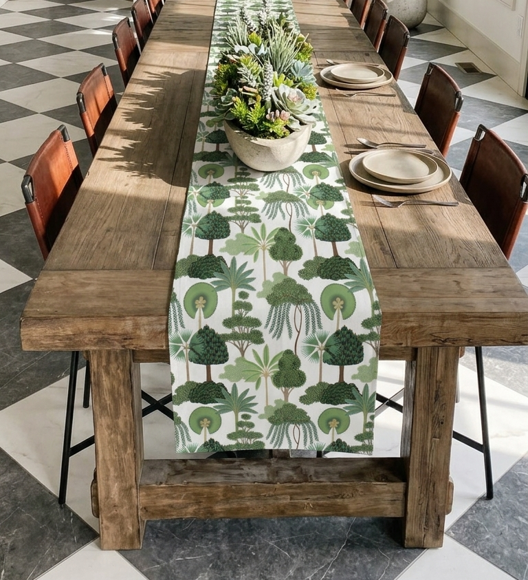 Dining table with a island-themed table runner and chairs in a room with checkered floor.
