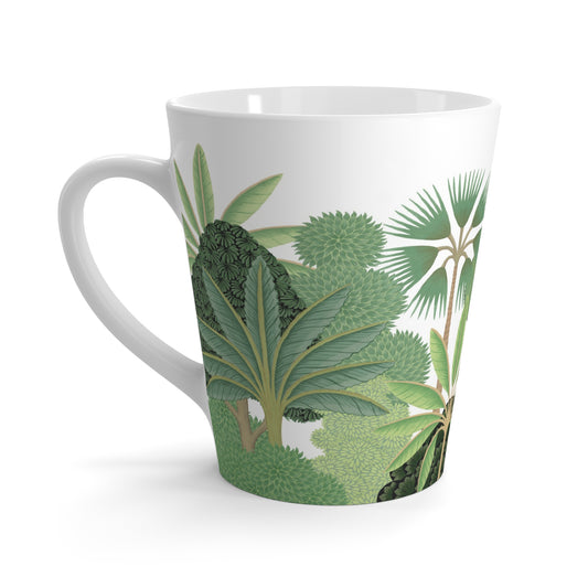 White ceramic mug with green tropical trees print on white background