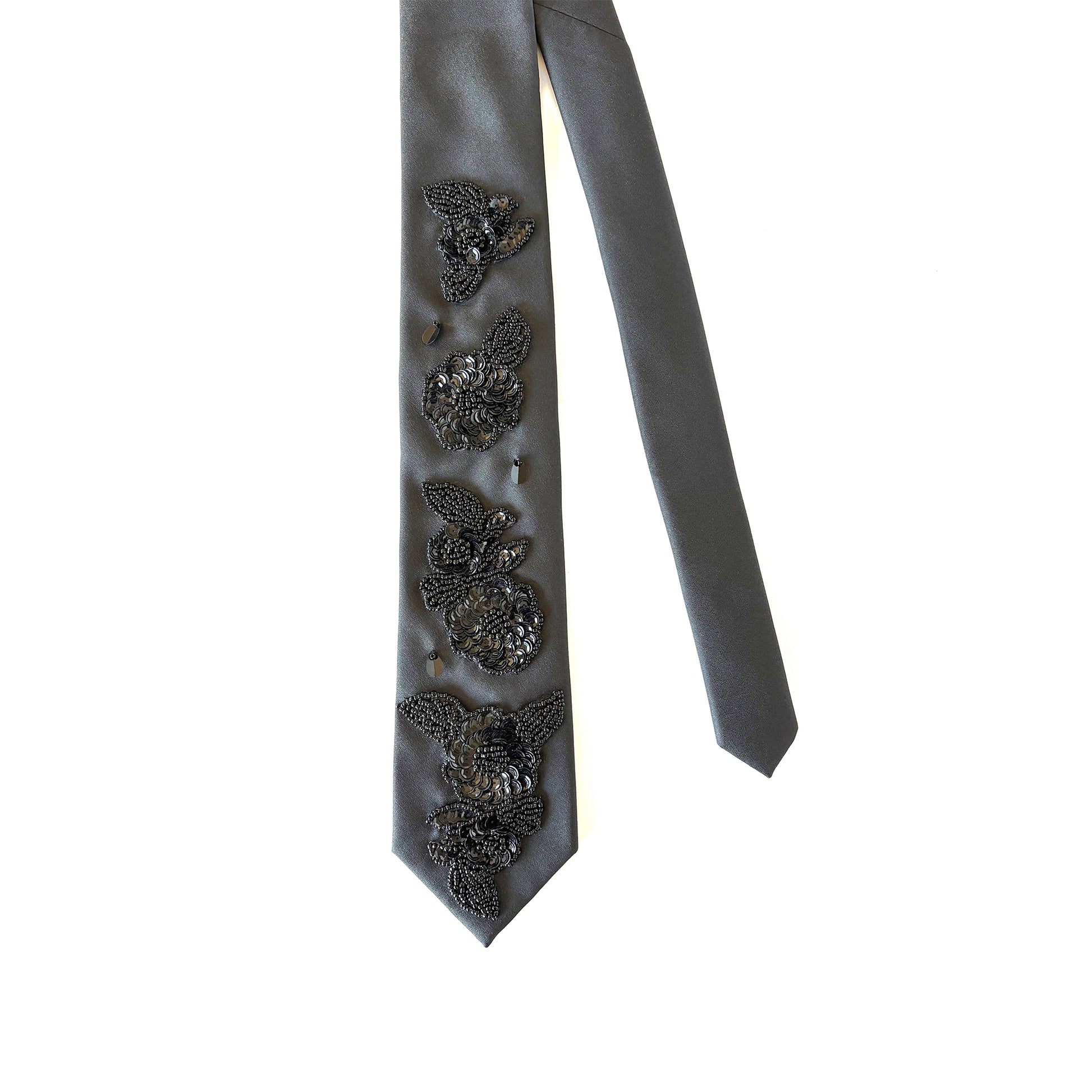 Black embellished necktie with floral beaded sequin appliques