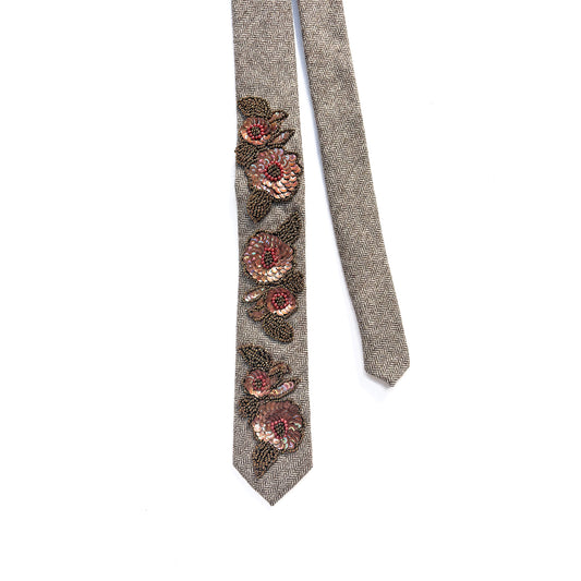 Brown Herringbone Tweed Upcycled Embellished Necktie – Bronze Vintage Beaded Sequin Appliques - Unisex