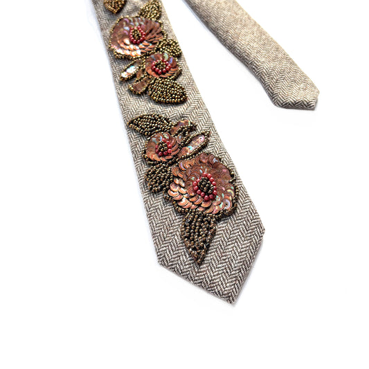 Brown Herringbone Tweed Upcycled Embellished Necktie – Bronze Vintage Beaded Sequin Appliques - Unisex