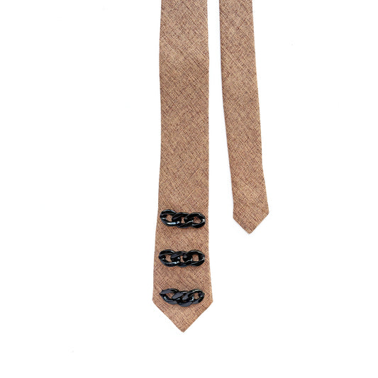 Camel Upcycled Necktie, Embellished with Black Chain Link Hardware