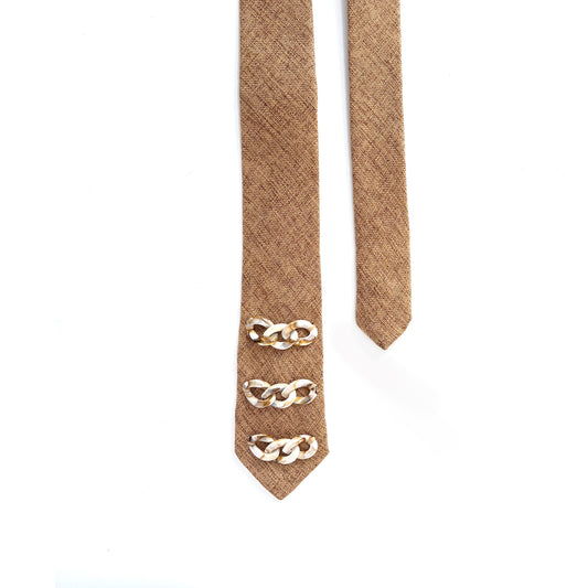 Camel Upcycled Necktie, Embellished with Ivory Chain Link Hardware