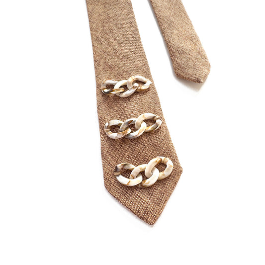 Camel Upcycled Necktie, Embellished with Ivory Chain Link Hardware