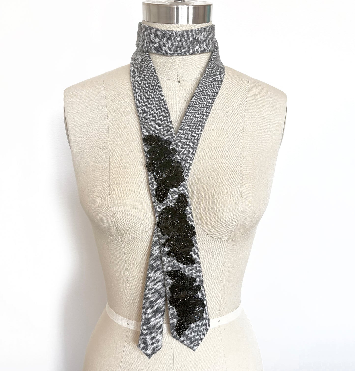 Embellished Necktie - Grey Herringbone Tweed  with Black Sequin Appliques