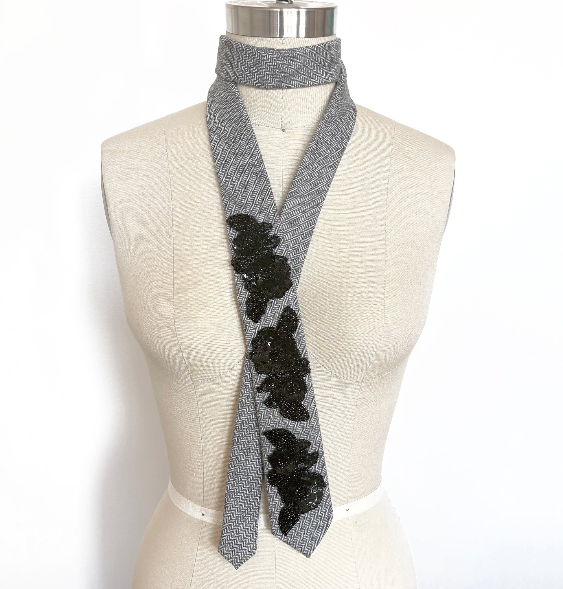 Embellished Necktie - Grey Herringbone Tweed  with Black Sequin Appliques