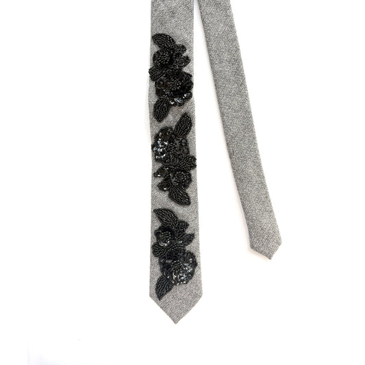 Upcycled Skinny Necktie Grey Herringbone Tweed with Black Beaded Sequin Appliques