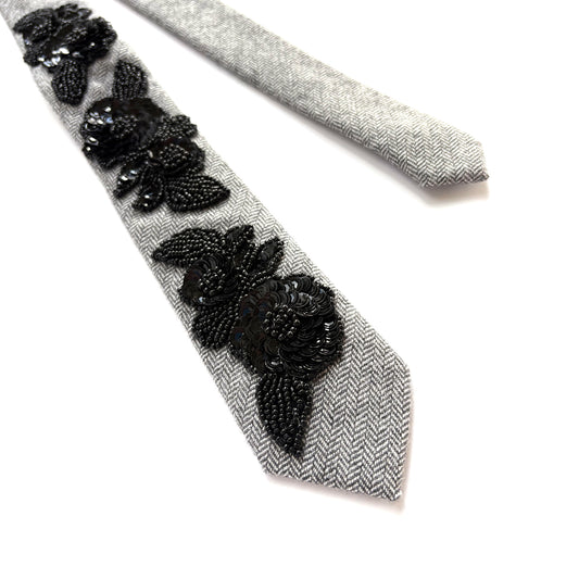 Grey Herringbone Tweed Upcycled Embellished Necktie – Black Beaded Sequin Applique