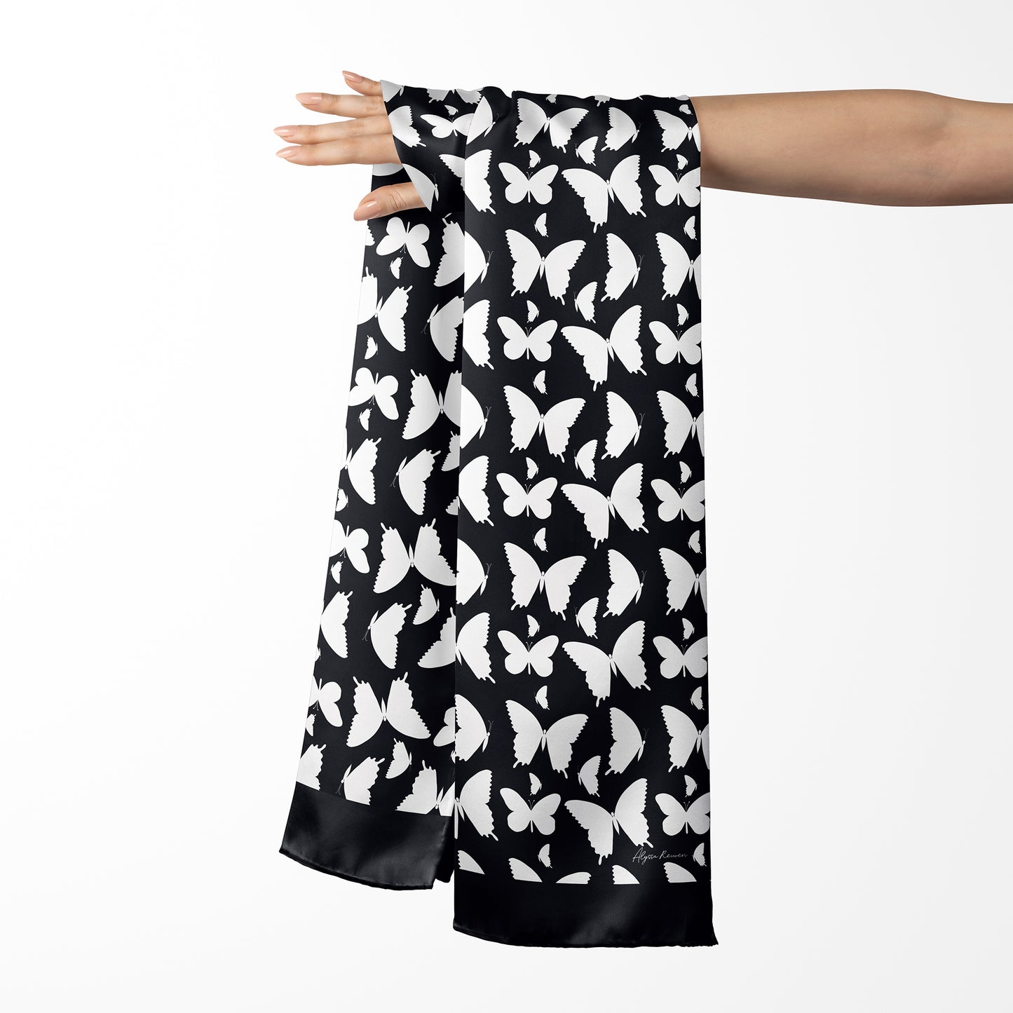 Black oblong scarf with White butterflies 