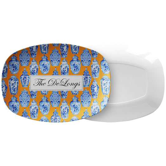 Personalized Serving Platter, Chinoiserie, Ginger Jars, Orange, Blue and White, Luxury Plastic