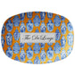 Chinoiserie inspired platter in blue, orange and white has ginger jars printed on it and can be personalized with any name or word.