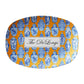 Chinoiserie inspired serving platter in blue, orange and white has ginger jars printed on it and can be personalized with any name or word.