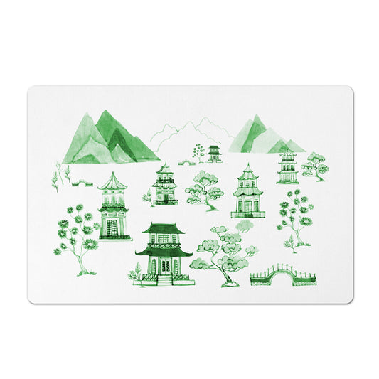 Pet Placemat, Chinoiserie, Pagoda Valley, Green and White, 12" x 18"