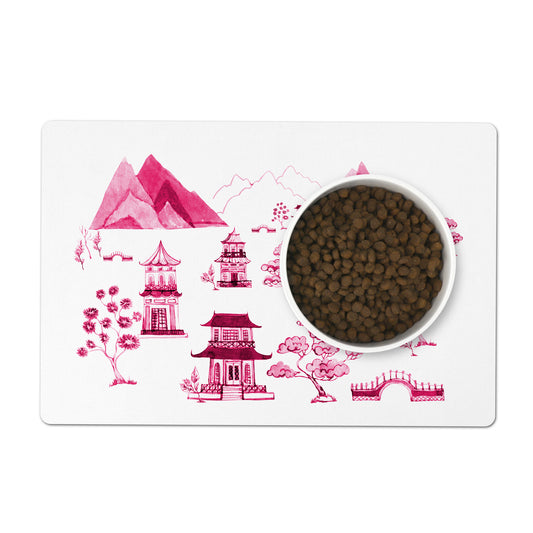 Pink chinoiserie pet feeding mat with nonskid rubber back. Machine washable.