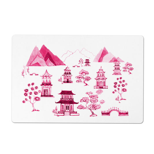 Pet Placemat, Chinoiserie, Pagoda Valley, Pink and White, 12" x 18"