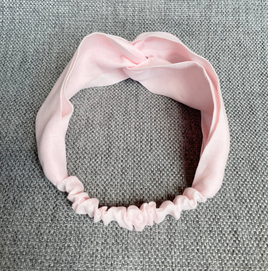 Light Pink Linen Headband, Twist Top Knot Turban Headband with Elastic