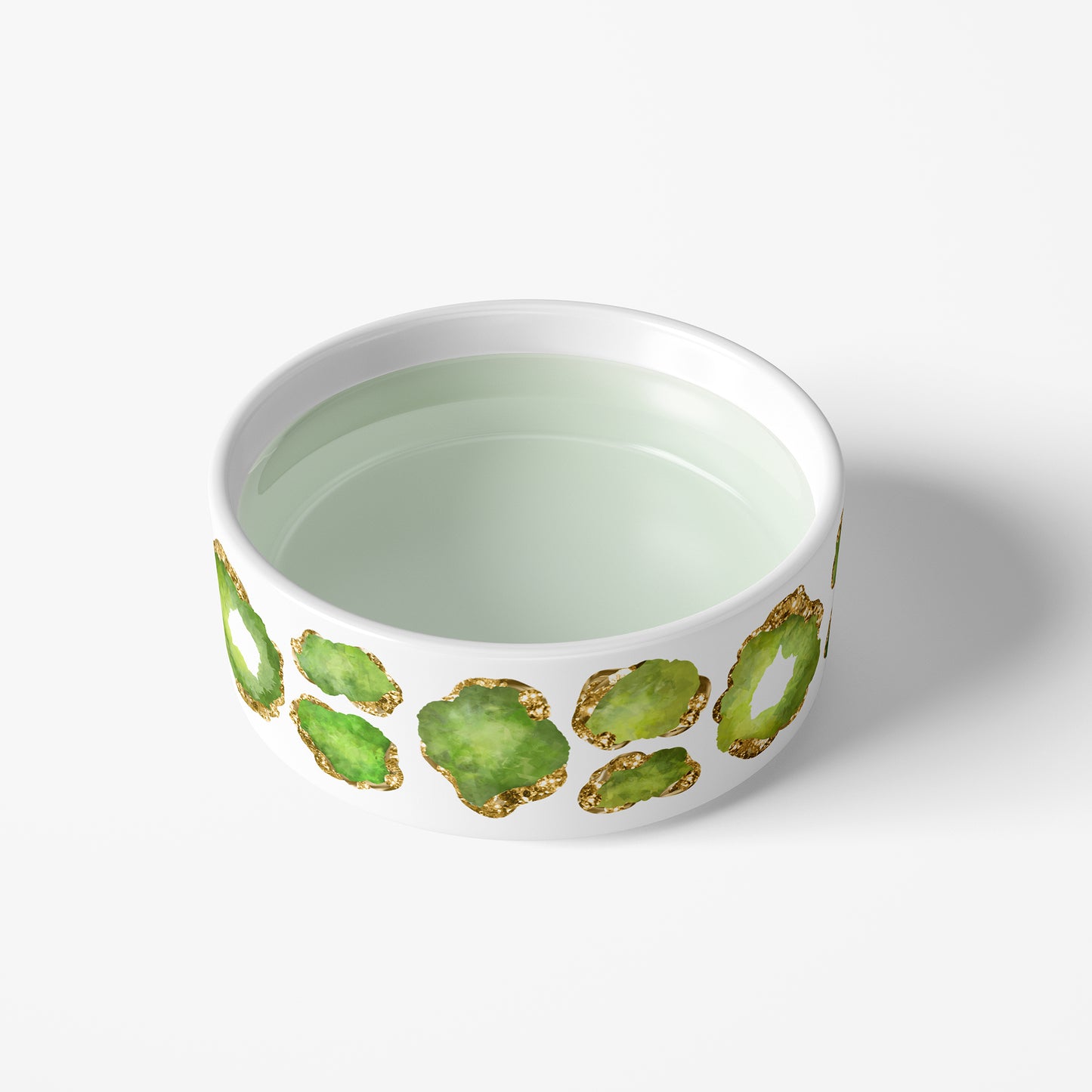 White heavy ceramic spill proof dog bowl with green and gold gemstone print