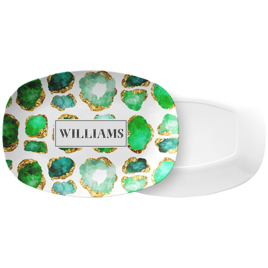 Personalized Serving Platter, Gemstone Print, Emerald Green and Gold, Luxury Plastic