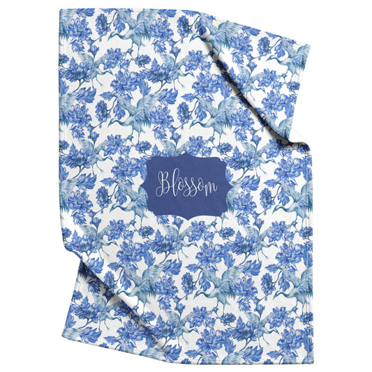 Personalized Fleece Pet Blanket with flowers and birds, blue and white floral chinoiserie print