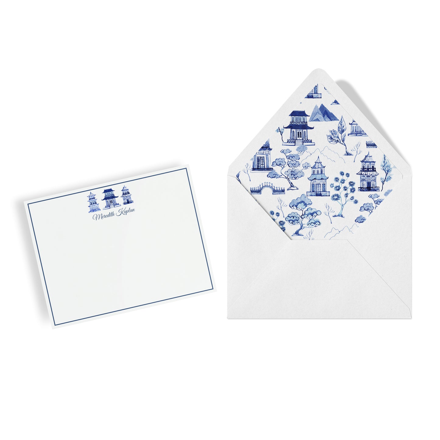 Personalized Chinoiserie Toile Notecards, Custom Stationery Set, Blue & White