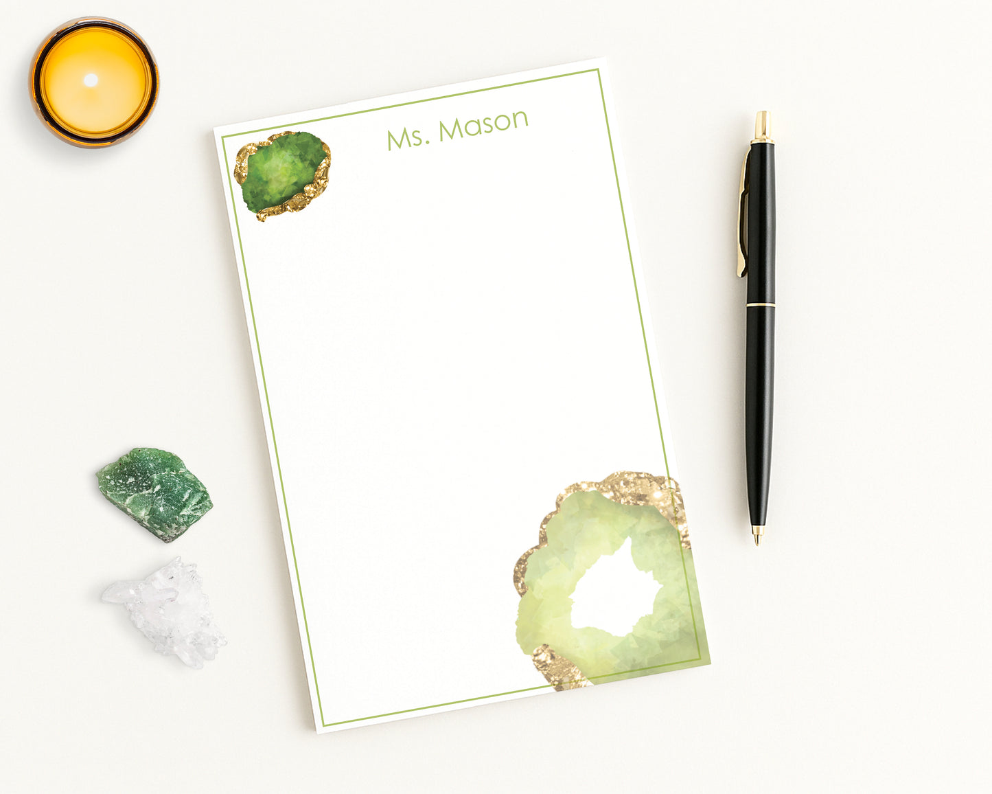 Personalized monogrammed paper notepad with peridot birthstone gem print