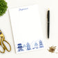 Notepad with custom name, decorative blue and white chinoiserie pagodas design, and desk accessories