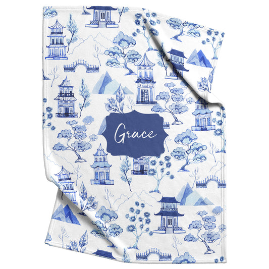 Blue & White Chinoiserie Toile Print Pet Blanket, custom personalized with pet cat or dog name