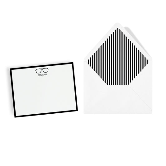 Personalized stationery set features hand drawn aviator eyewear icon, custom name monogram and matching lined envelope with stripes