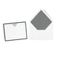Personalized note card with black cat eye eyewear frames icon and custom text with a striped envelope on a white background