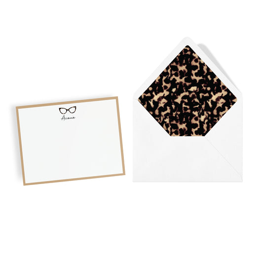 Tortoiseshell cat eye glasses design motif personalized stationery set with lined envelopes featuring tortoiseshell pattern