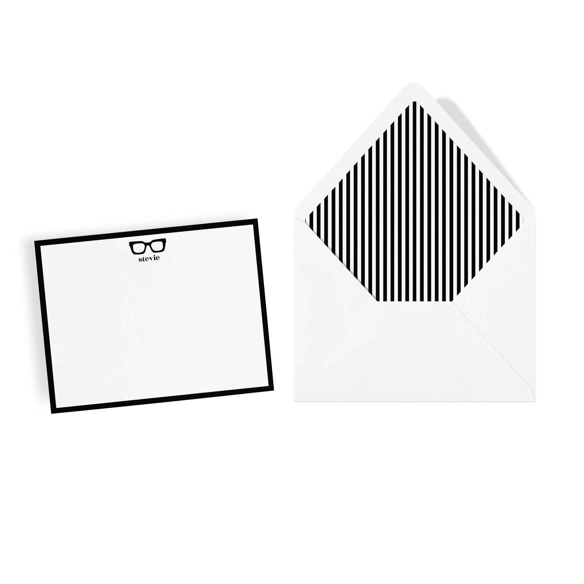 Chunky square black eyeglasses illustration stationery set personalized with custom name. Matching white envelope with black stripe liner.