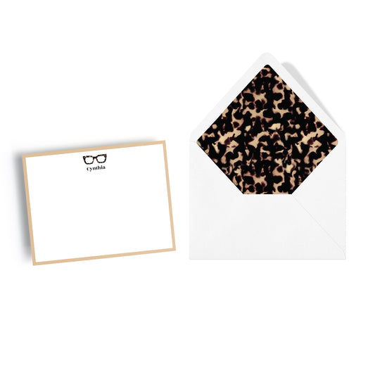 Hipster tortoiseshell eyeglasses design on notecards, personalized stationery set with matching envelope